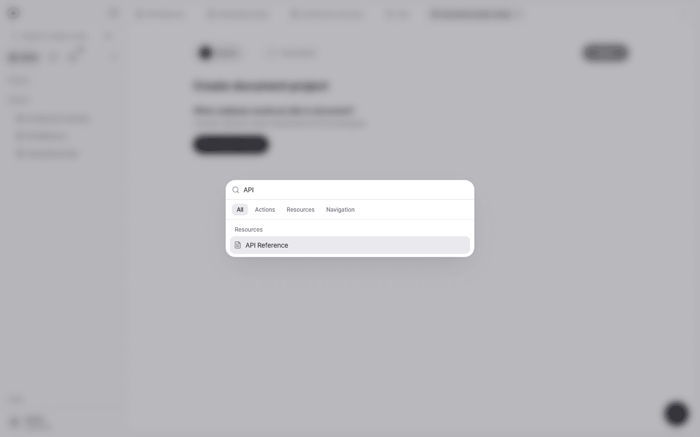 The command palette with API entered, showing the API Reference document in the results