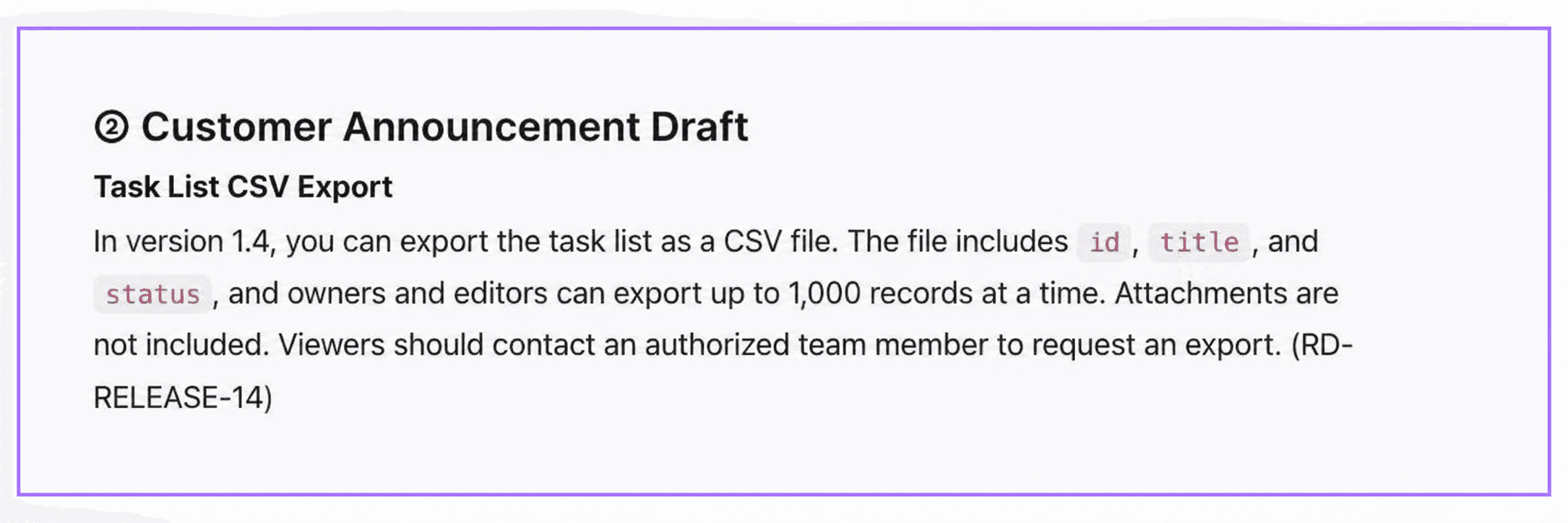 Customer announcement draft explaining CSV export benefits together with the 1,000-row limit and eligible roles