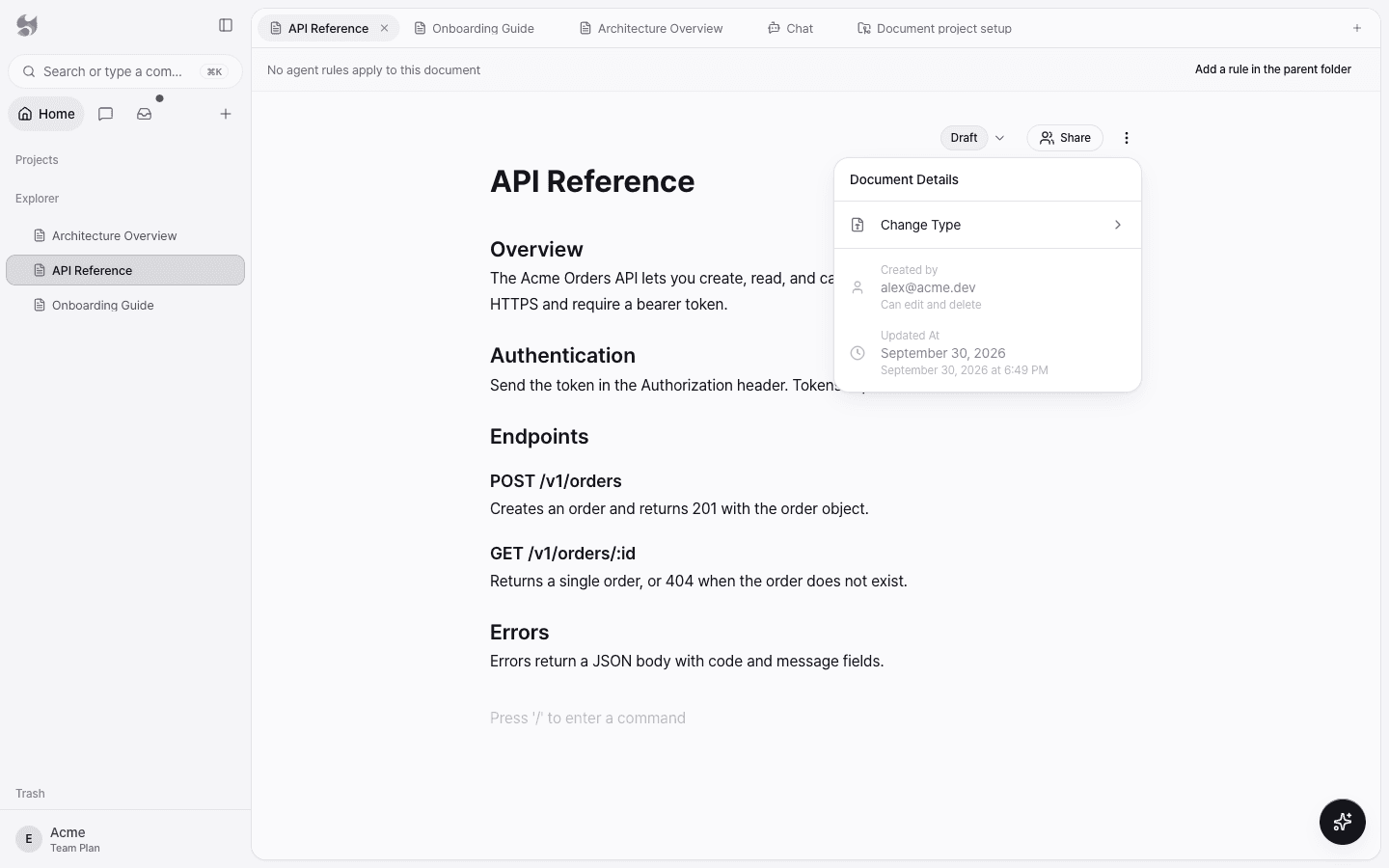 The Document Details menu open, showing Change Type, Created by, and Updated At