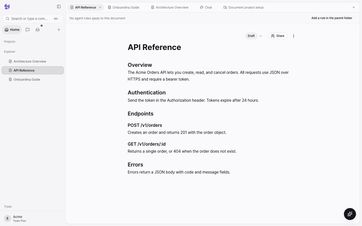 The editor with the API Reference document open, showing Overview, Authentication, and Endpoints headings and body text below the title