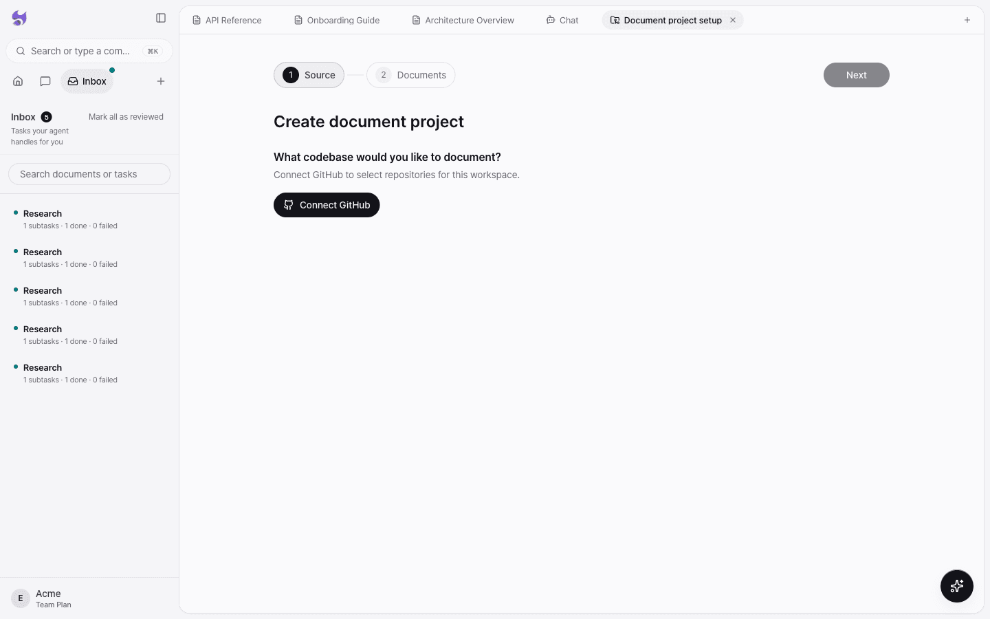 The Inbox list open in the sidebar, showing agent task cards