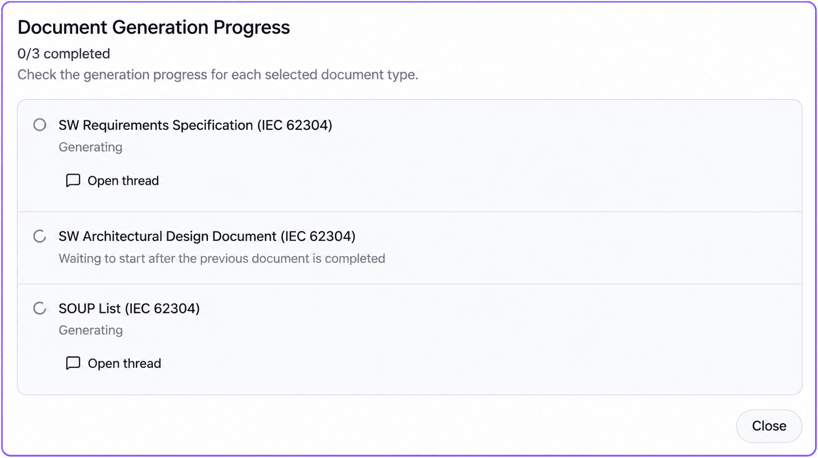 Actual progress panel showing requirements and SOUP generation running while architecture waits for its prerequisite