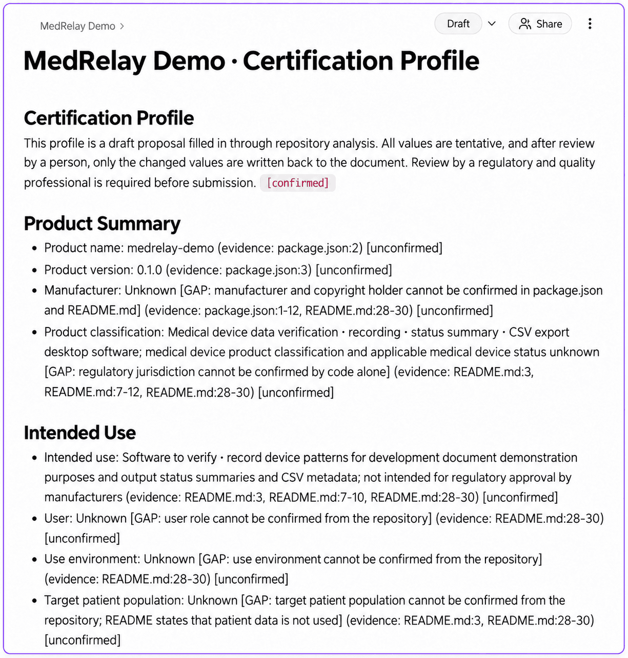 Generated MedRelay Demo certification profile with file evidence for name and version and unconfirmed markers for product information