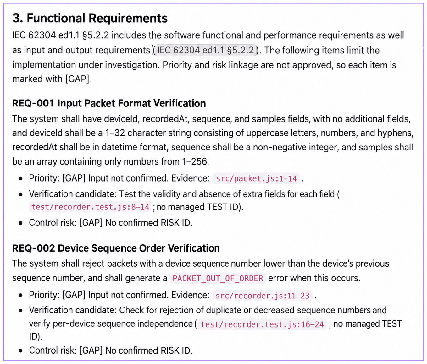Generated and reviewed requirements showing REQ-001 packet validation and REQ-002 sequence validation with code paths, verification candidates, and missing risk links