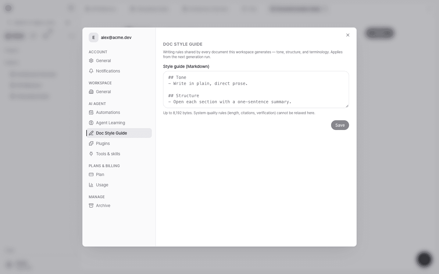 Doc Style Guide settings with a field for entering tone and structure rules in Markdown and a Save button