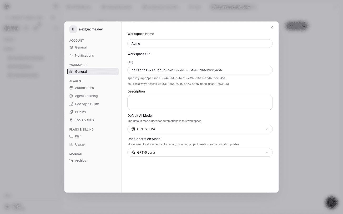 The Default AI Model and Doc Generation Model pickers in Workspace General settings