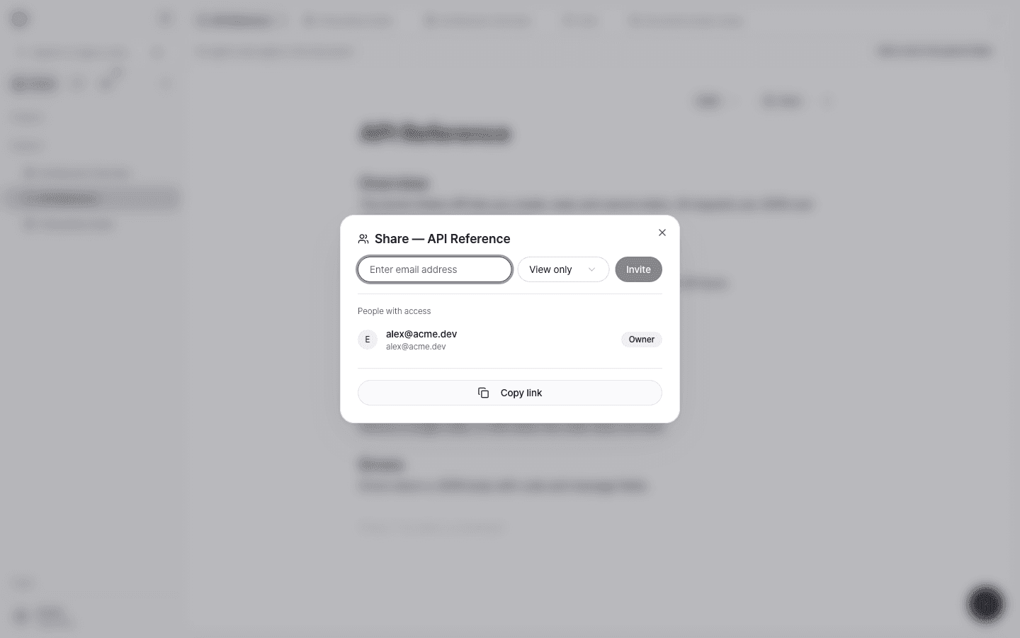 The Share dialog with an email field, a permission picker (View only), an Invite button, the list of people with access, and a Copy link button