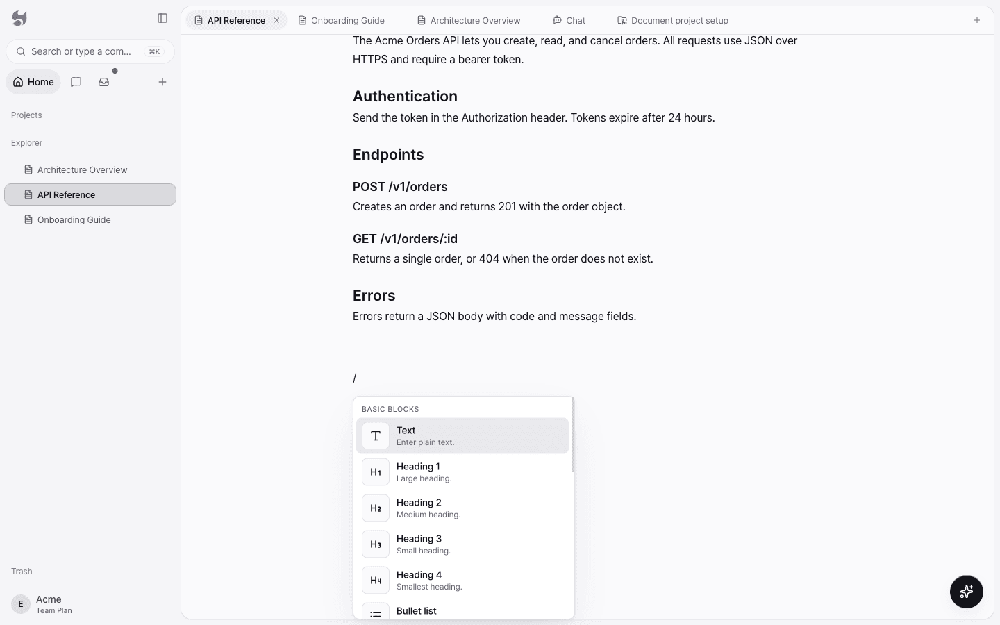 The basic blocks menu opened by typing a slash in the body, showing Text, Heading 1 to 4, Bullet list, and more