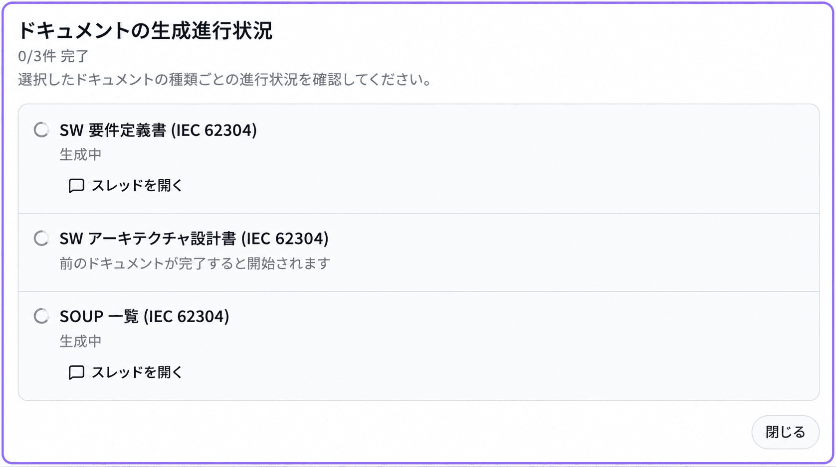 要求仕様書とSOUPリストが生成中で、アーキテクチャ設計書が先行文書を待っている実際の進行画面