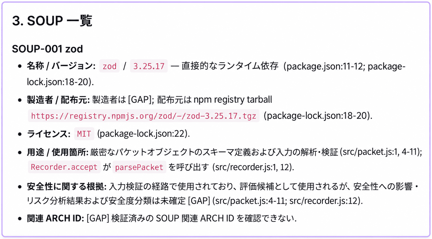 SOUP-001 zodにバージョン3.25.17、MITライセンス、入力検証での使用箇所が示され、安全影響とARCH参照がGAPとして残る実際の結果