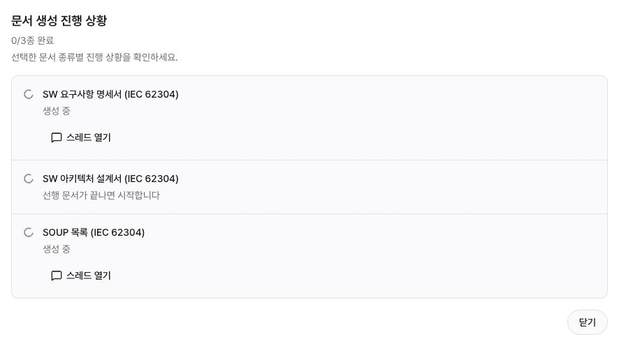 요구사항 명세서와 SOUP 목록은 생성 중이고 아키텍처 설계서는 선행 문서를 기다리는 실제 진행 화면