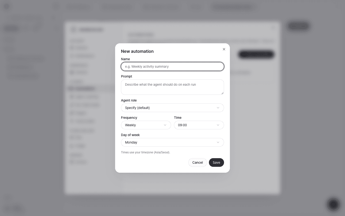 The New automation dialog with Name, Prompt, Agent role, Frequency, Time, and Day of week fields and a Save button