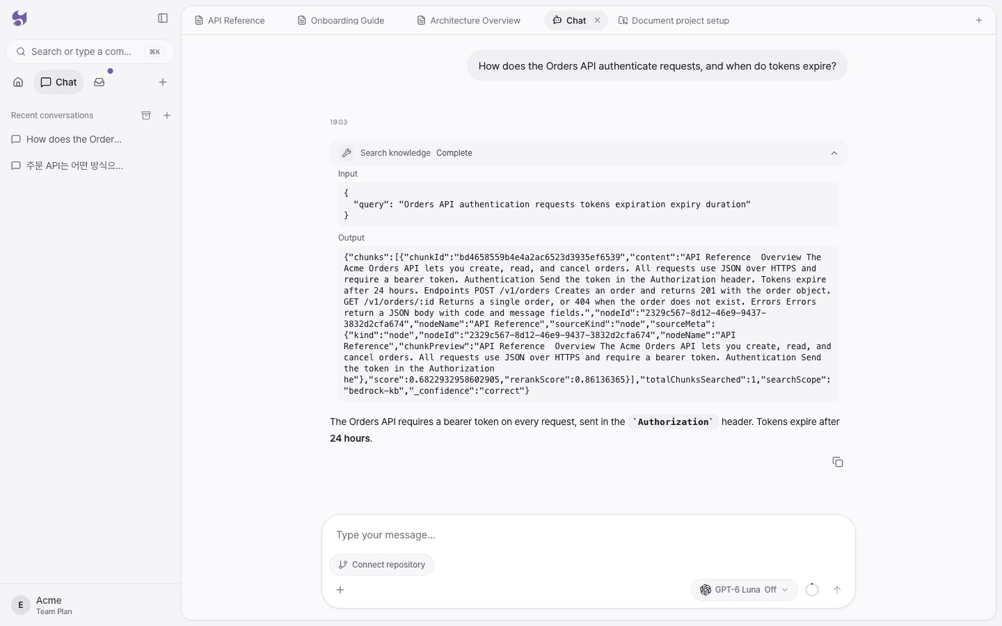 The expanded Search knowledge tool showing the input query, the retrieved document chunks, and their relevance scores