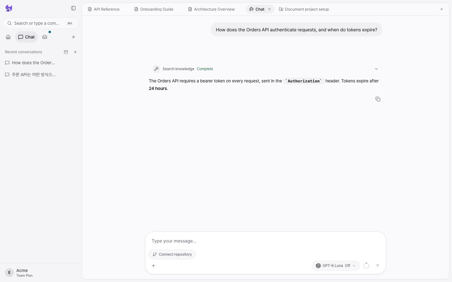 A chat where AI answers a question about how the Orders API authenticates requests by finding the API Reference document with the Search knowledge tool, with an evidence link