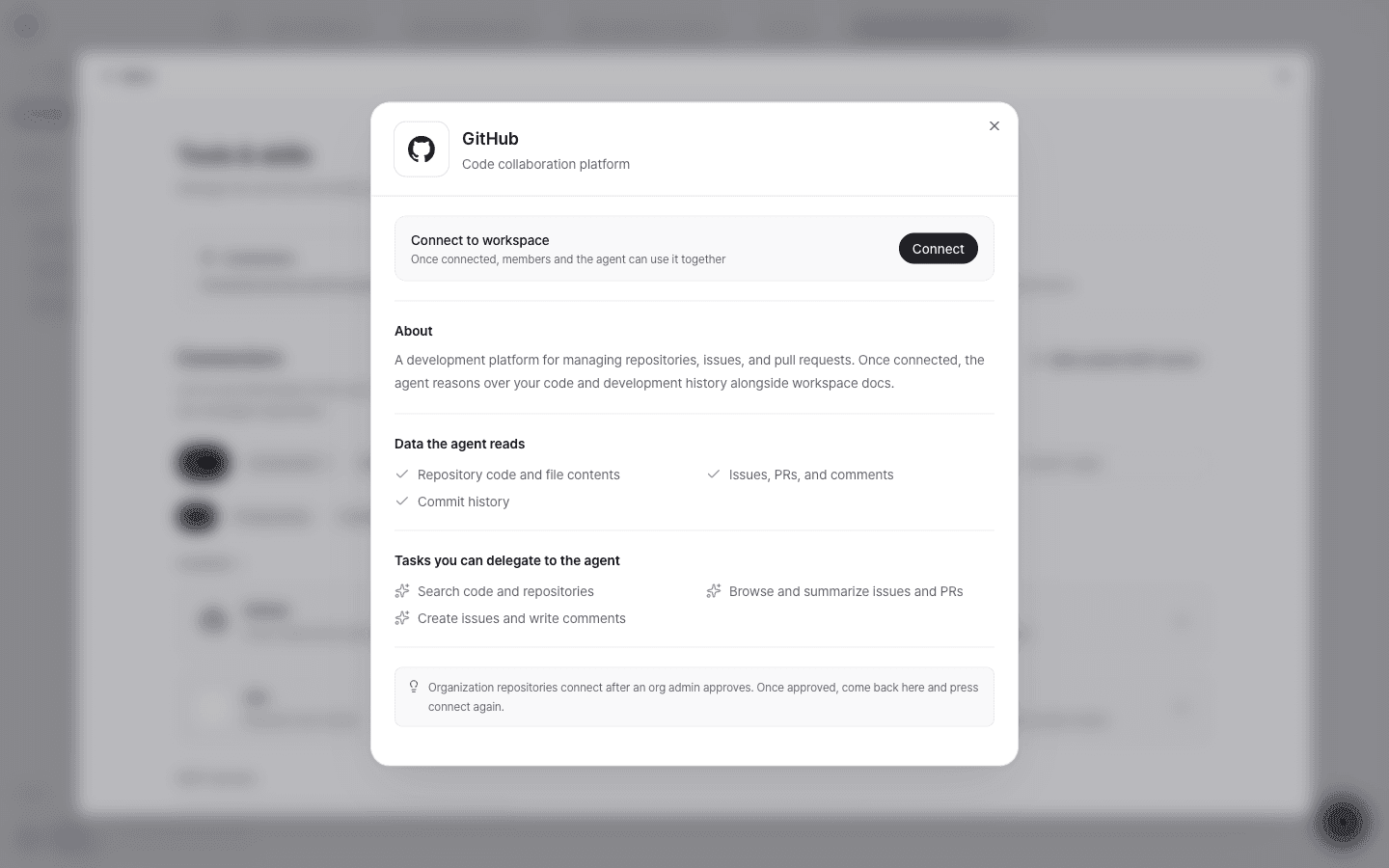 The GitHub connector details, showing the Connect to workspace button and the lists of data the agent reads and tasks you can delegate