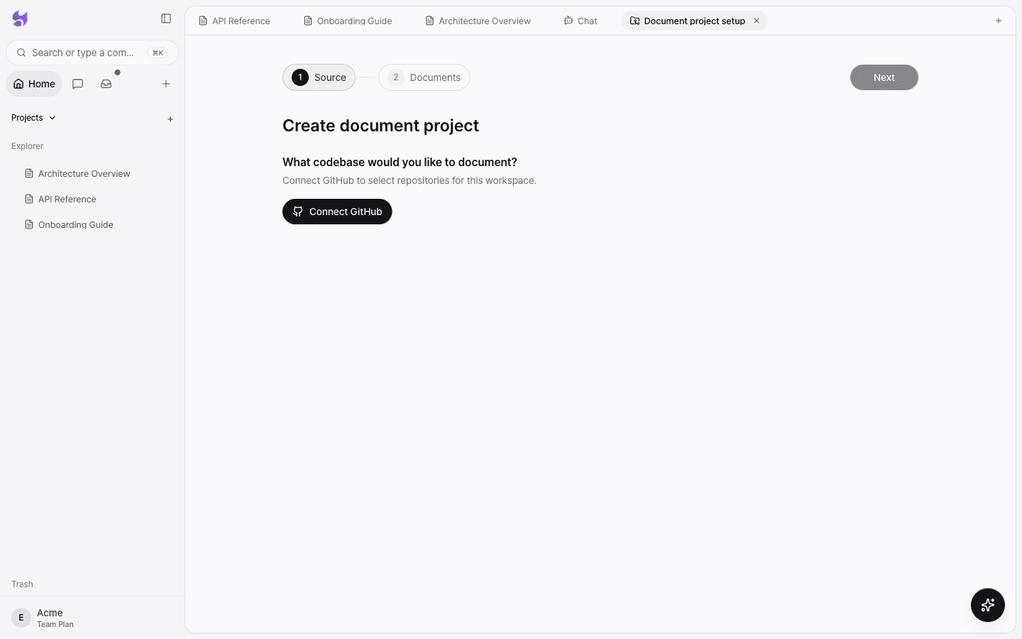 The Source step of Create document project with a Connect GitHub button