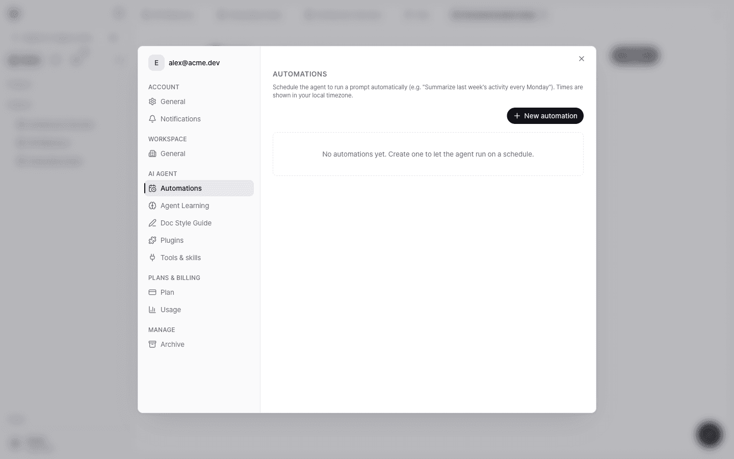 The Automations settings page with a description, a New automation button, and a message that there are no automations yet