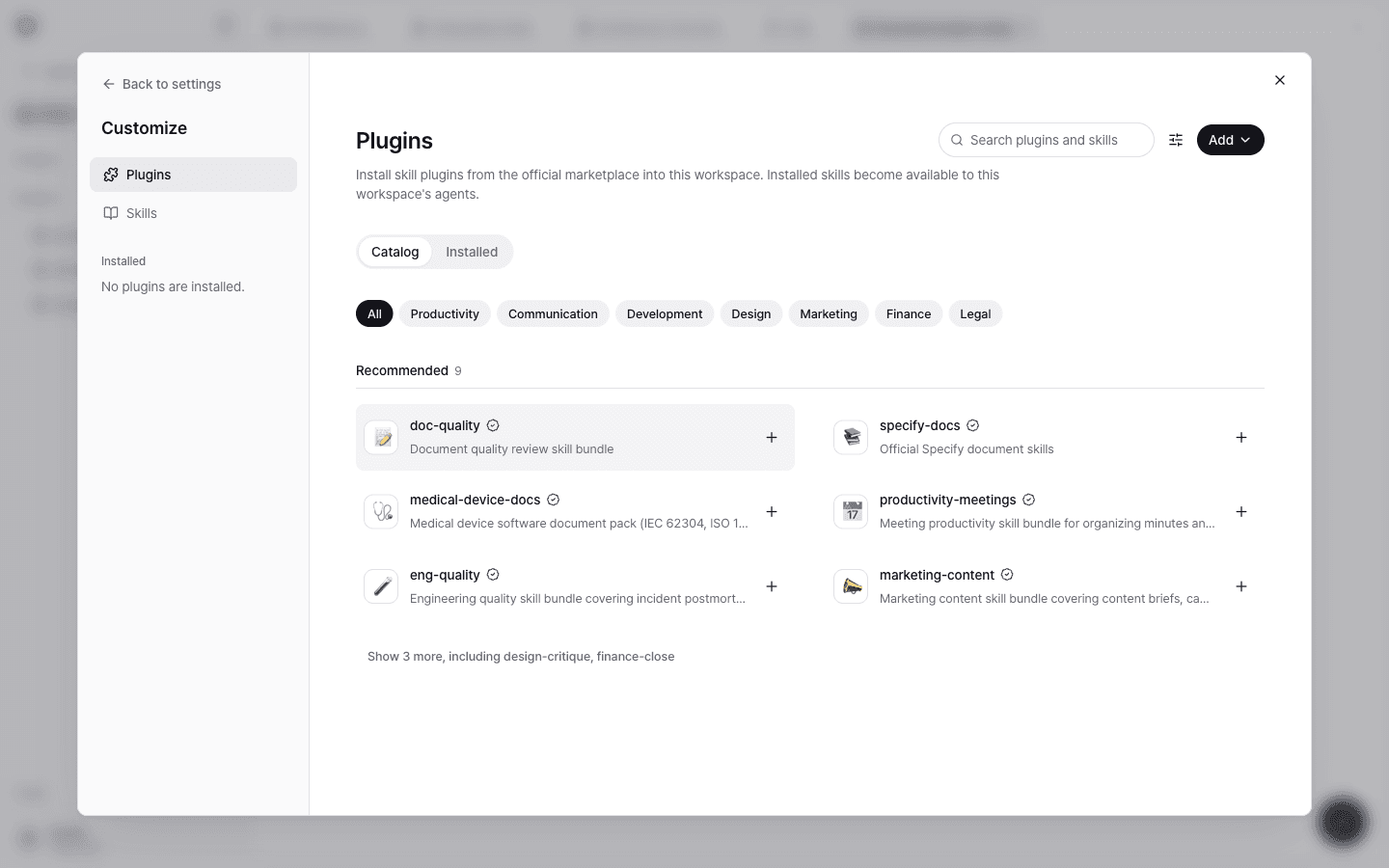 The Plugins page showing medical-device-docs, the medical device software document pack