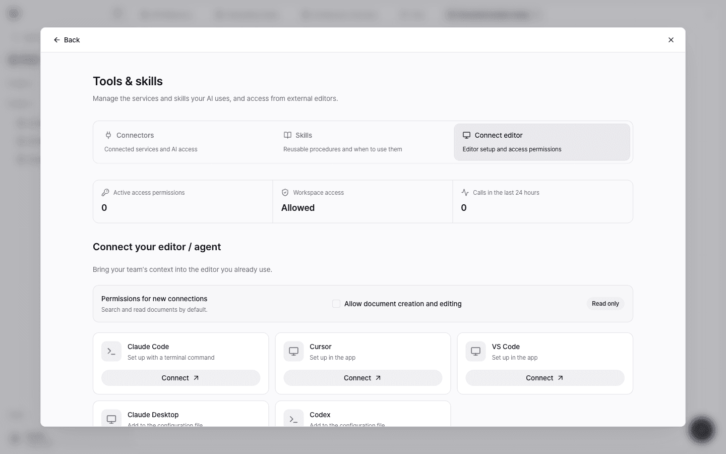 The Connect editor tab in the Tools & skills window with client connection cards