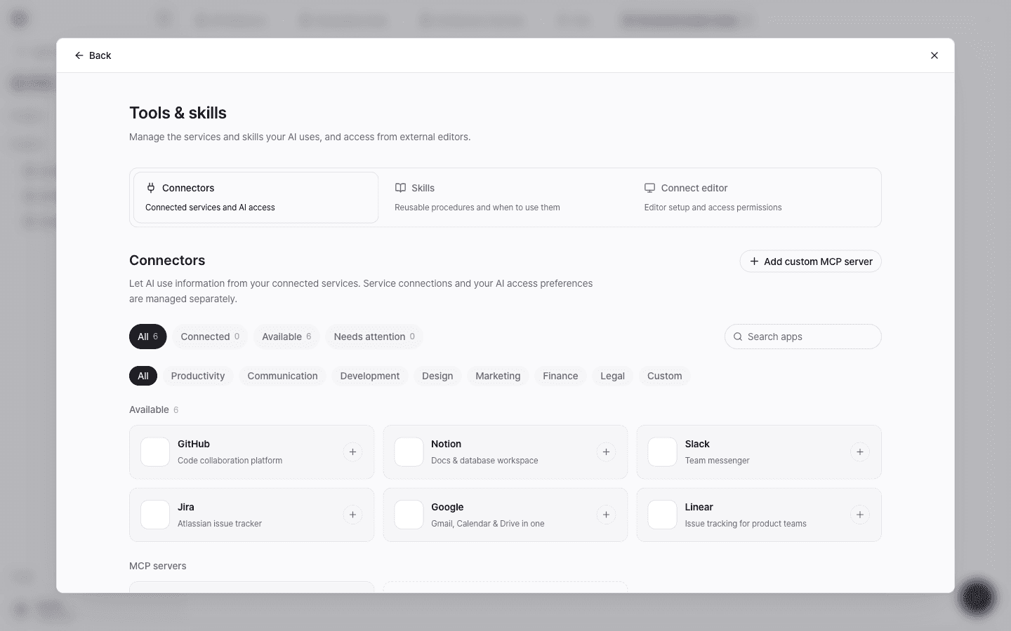 The Connectors tab in Tools & skills, with GitHub, Notion, Slack, Jira, Google, and Linear cards and an Add custom MCP server button