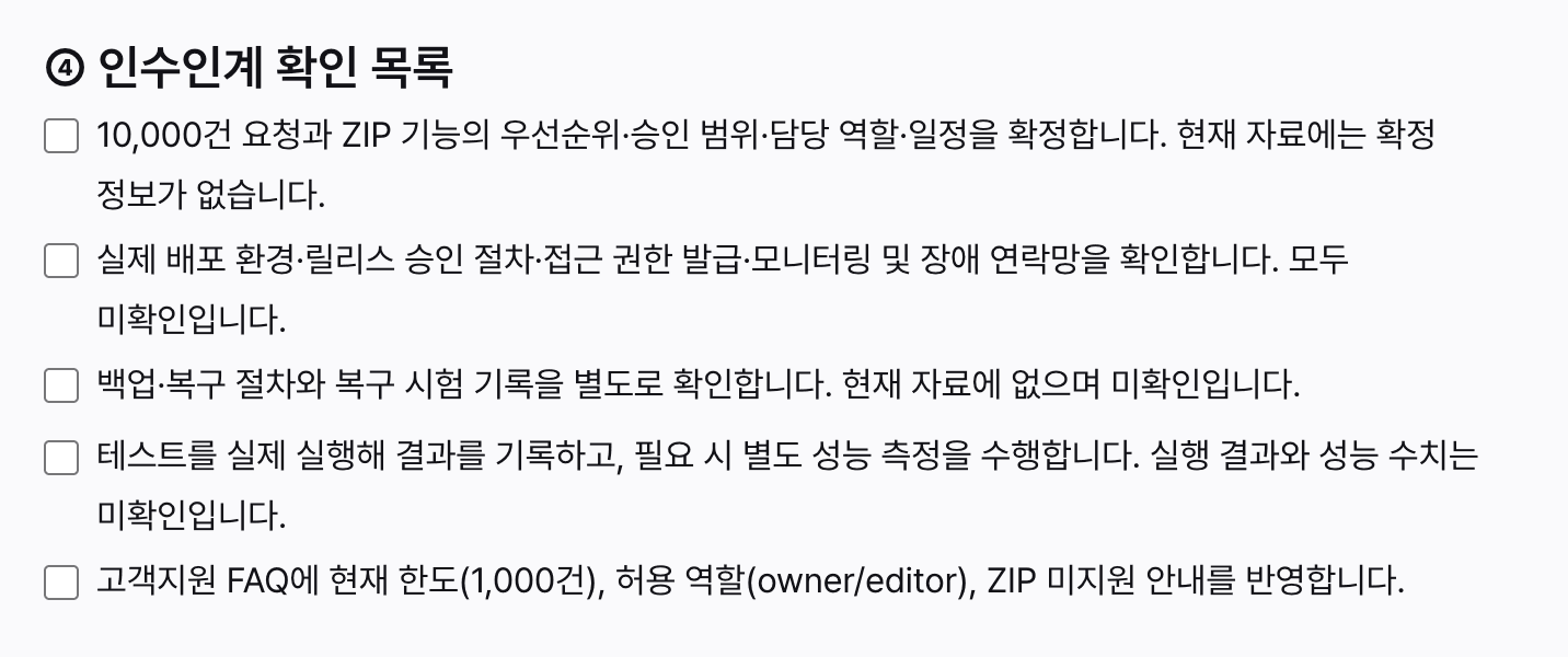 인수인계 확인 목록에 미확정 기능 범위, 운영·복구 절차, 시험 기록과 FAQ 갱신 작업이 정리된 화면